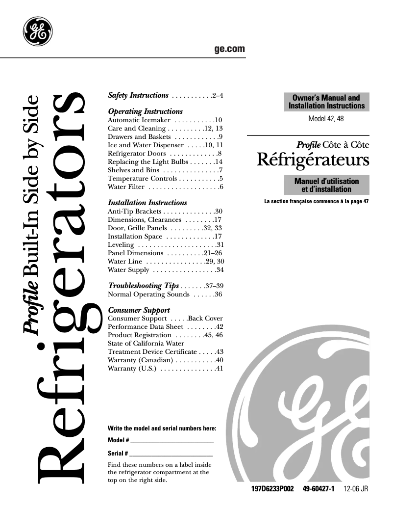 Página 1 del manual Manual de uso y mantenimiento GE PSB48LGRWV