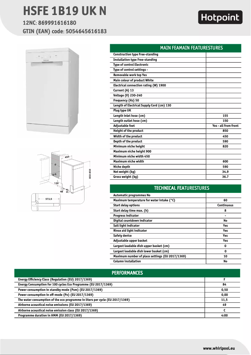 Page 1 de la notice Fiche technique Hotpoint HSFE 1B19 UK N