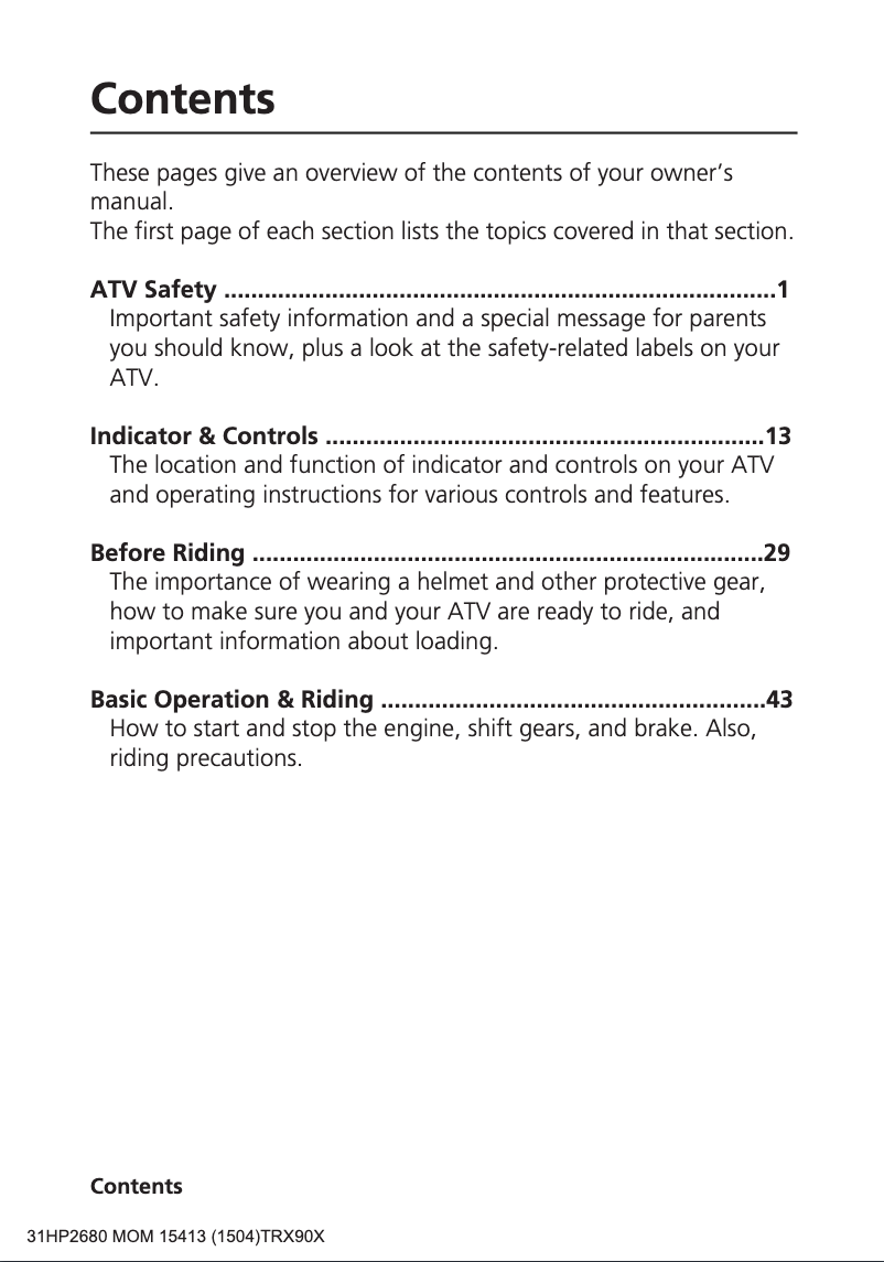 Page 1 de la notice Manuel utilisateur Honda TRX90X (2016)
