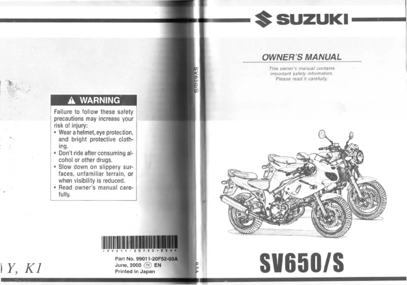 Page 1 de la notice Manuel utilisateur Suzuki SV650 S (2000)