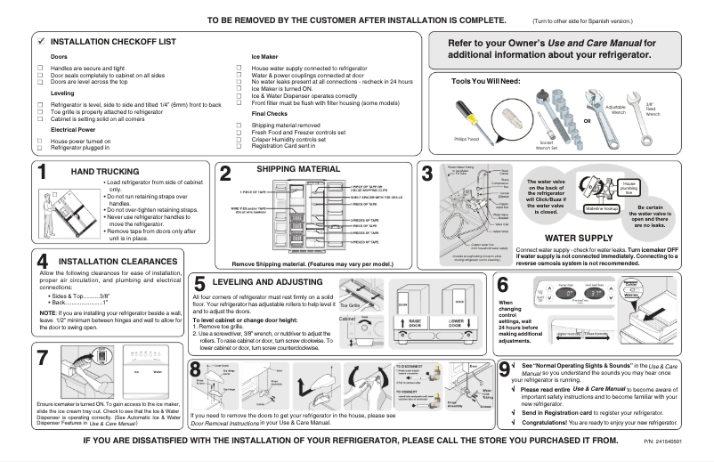 Page 1 de la notice Guide d'installation Frigidaire PHSC39EGSS