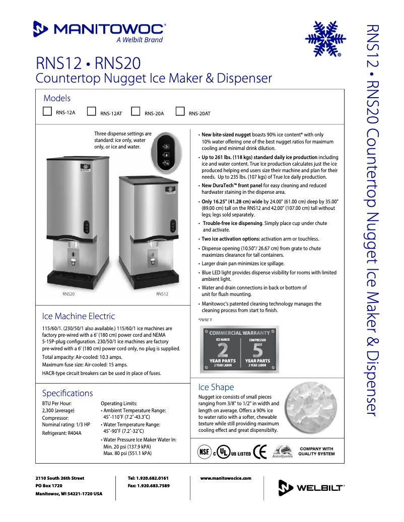 Página 1 del manual Ficha técnica Manitowoc RNS-20A