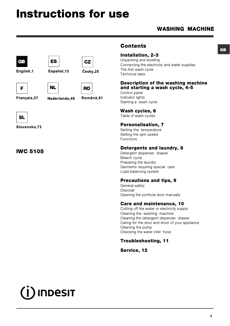 Page 1 de la notice Manuel utilisateur Indesit Iwc 5105 b it