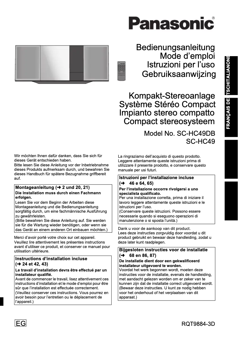 Page 1 de la notice Manuel utilisateur Panasonic SC-HC49DB