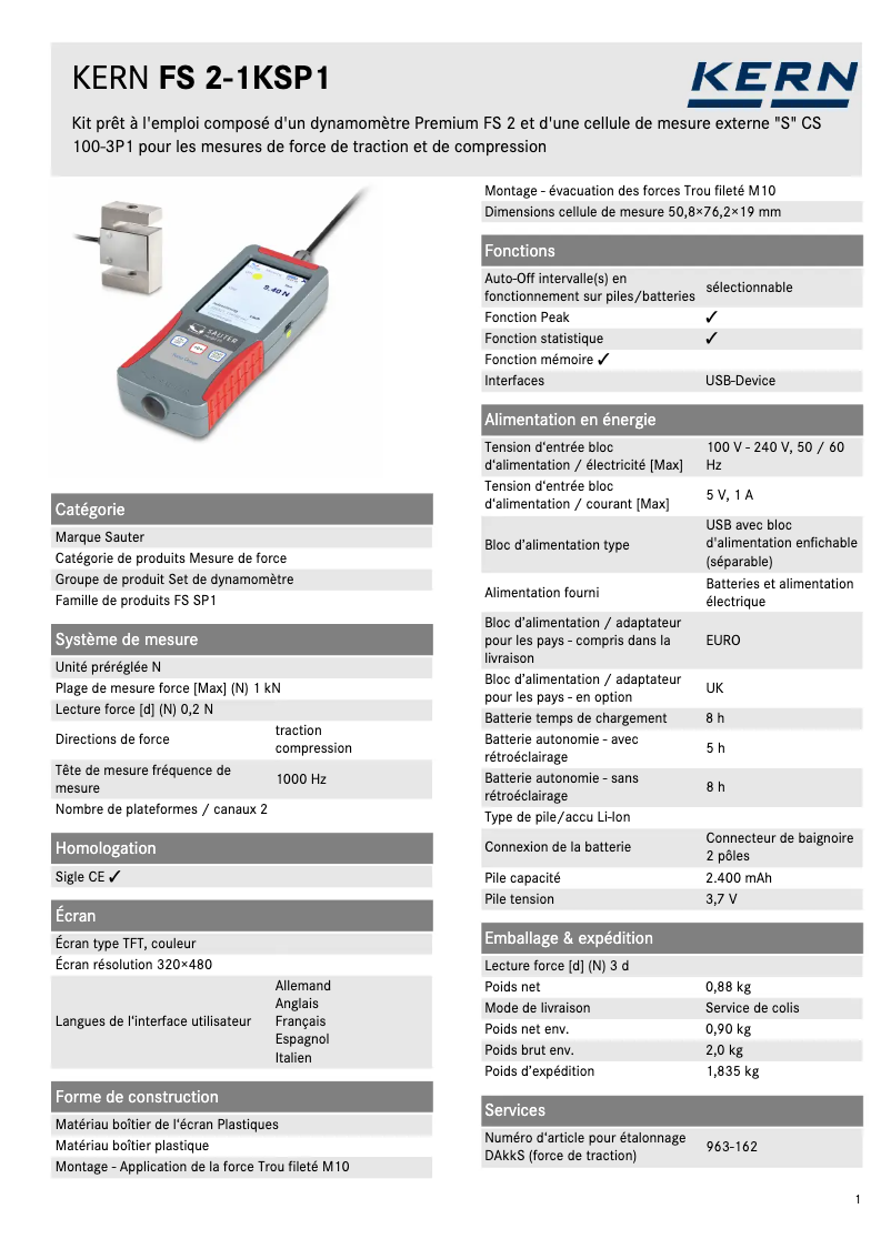 Page 1 de la notice Fiche technique Kern FS 2-1KSP1
