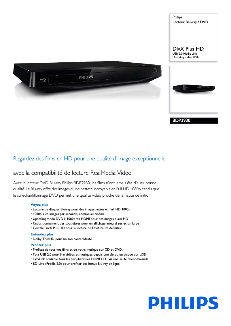 Page 1 of the manual Technical Sheet Philips BDP2930