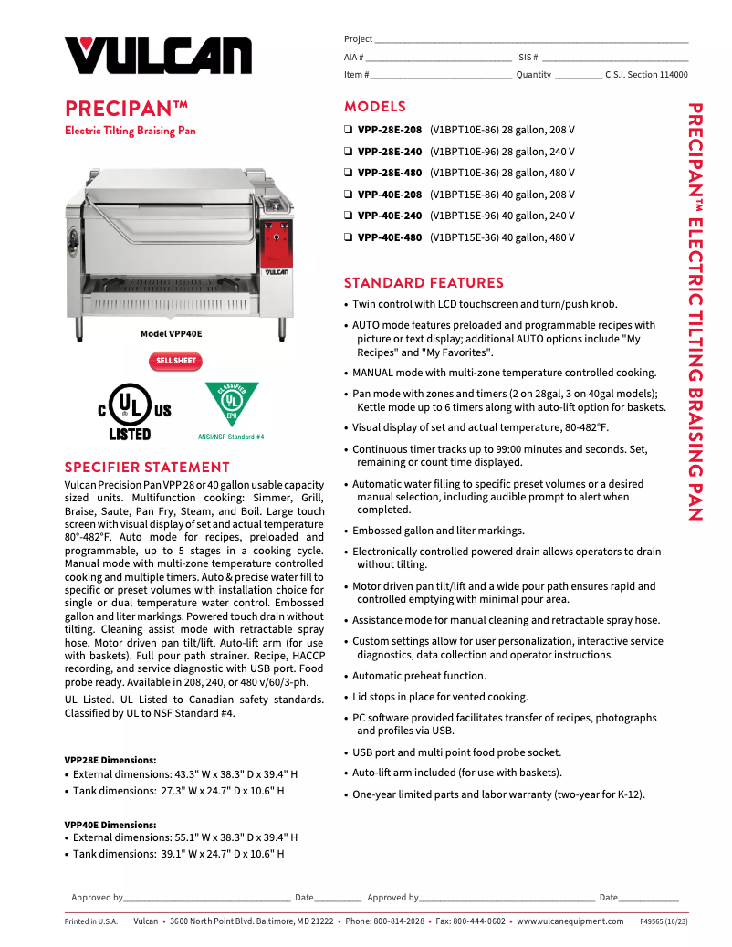 Page 1 de la notice Fiche technique Vulcan VPP28