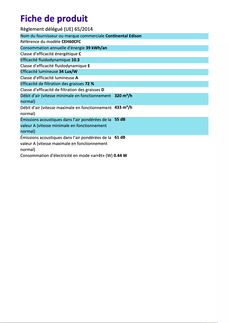 Page 1 de la notice Label énergétique Continental Edison CEH60BSS