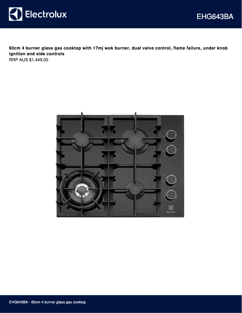 Page 1 de la notice Fiche technique Electrolux EHG643BA