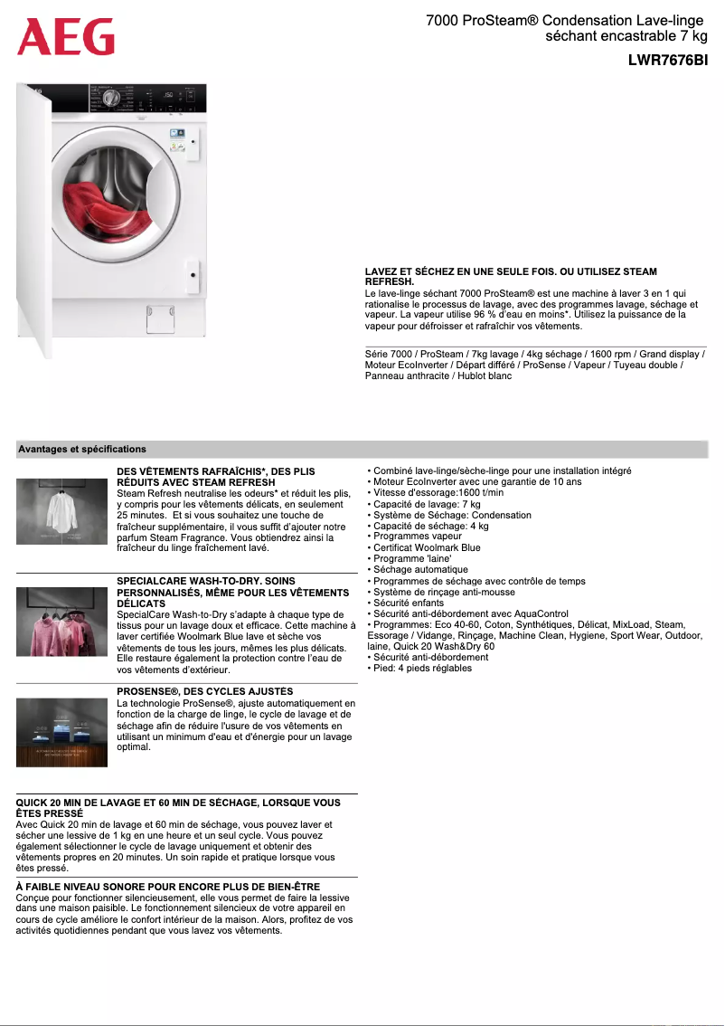 Page 1 de la notice Fiche technique AEG LWR7676BI