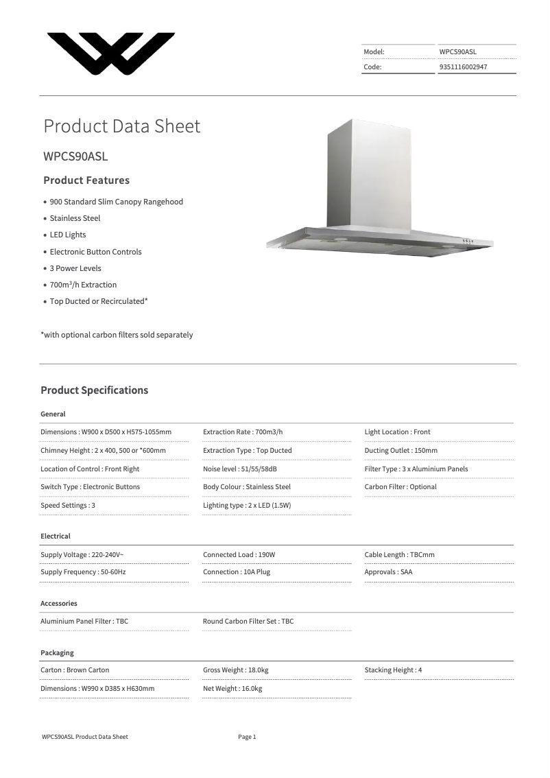 Page 1 de la notice Fiche technique Tisira WPCS90AS-L