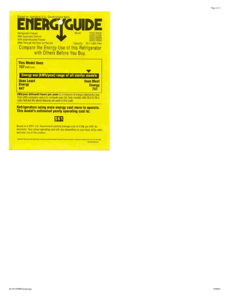 Page n°1 - Label énergétique GE Profile Arctica PSS27MGNWW