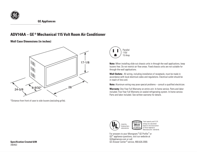 Page n°1 - Fiche technique GE AGV14AA