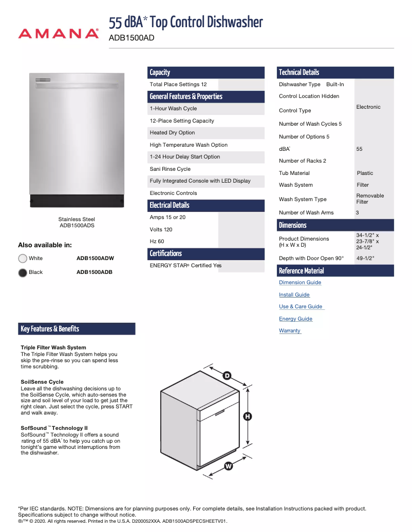 Page 1 de la notice Fiche technique Amana ADB1500ADS