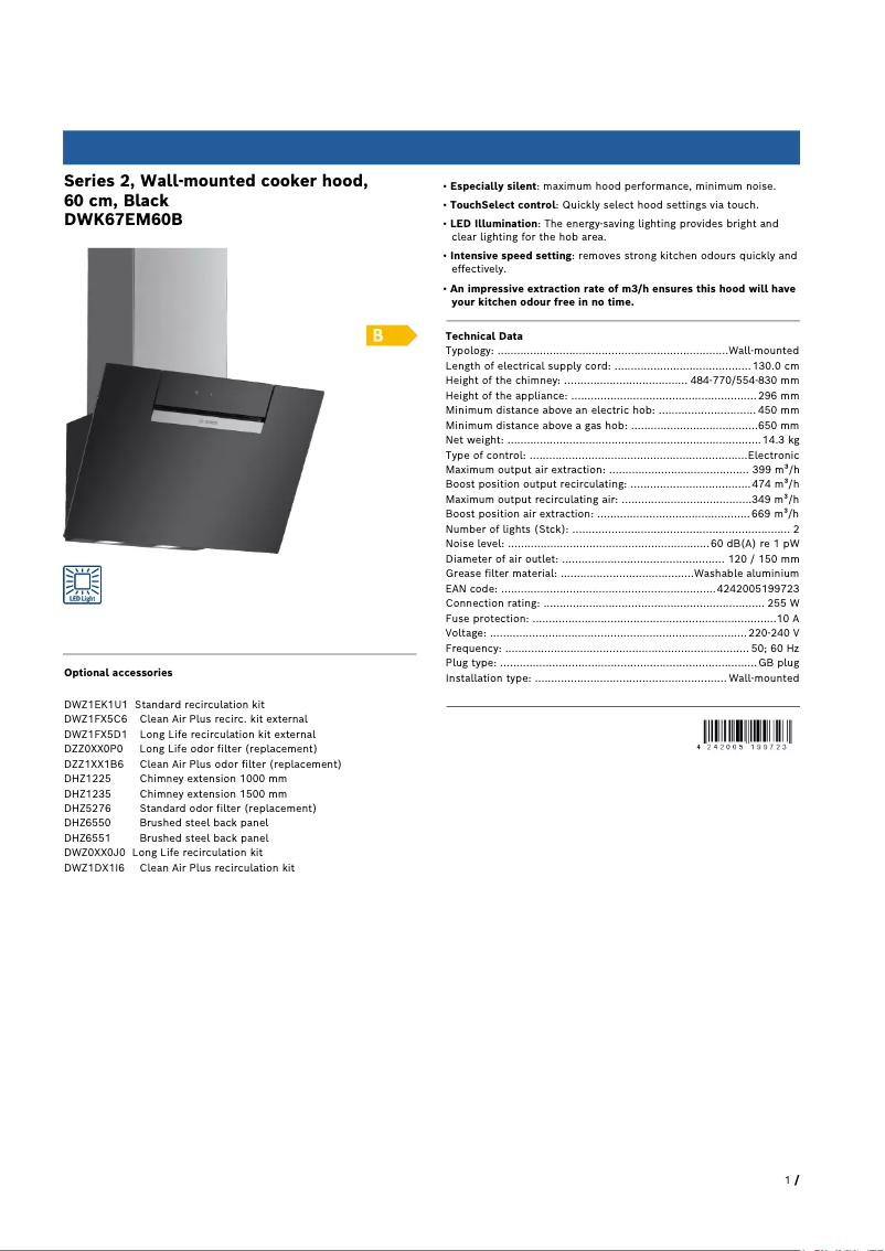 Page 1 de la notice Fiche technique Bosch DWK67EM60B