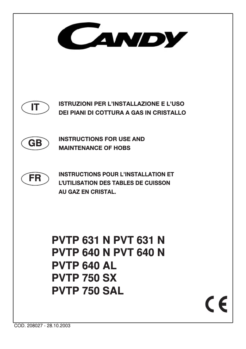 Page 1 of the manual User Manual Candy PVTP640SN