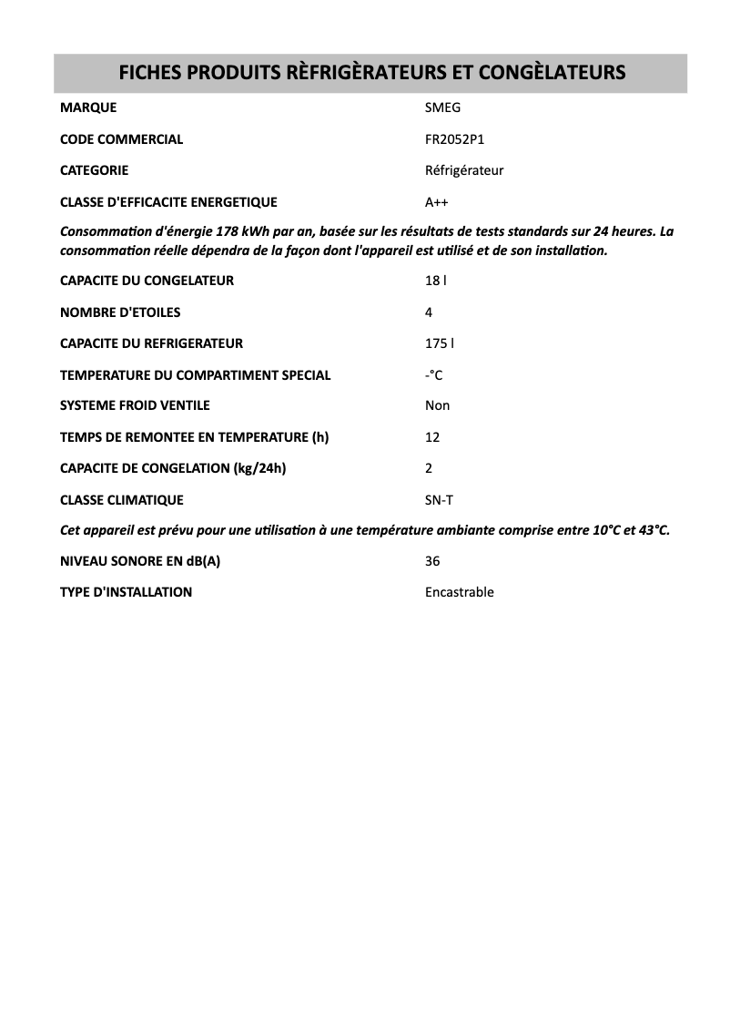 Page 1 de la notice Manuel utilisateur Smeg FR2052P1