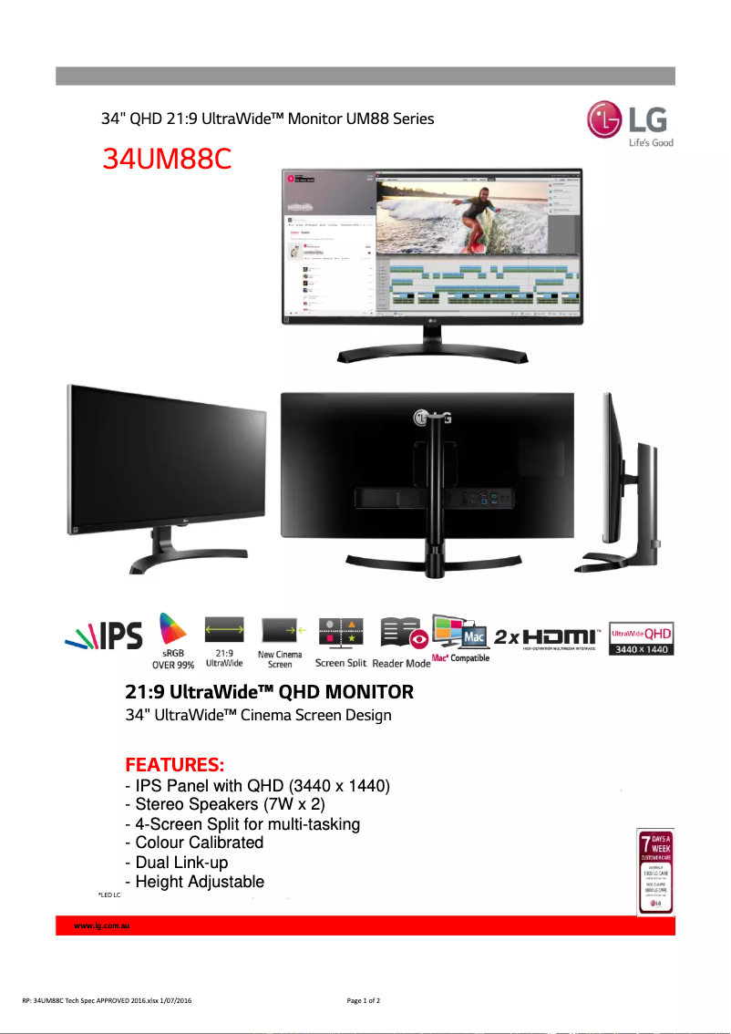 Page 1 de la notice Fiche technique LG 34UM88C-P