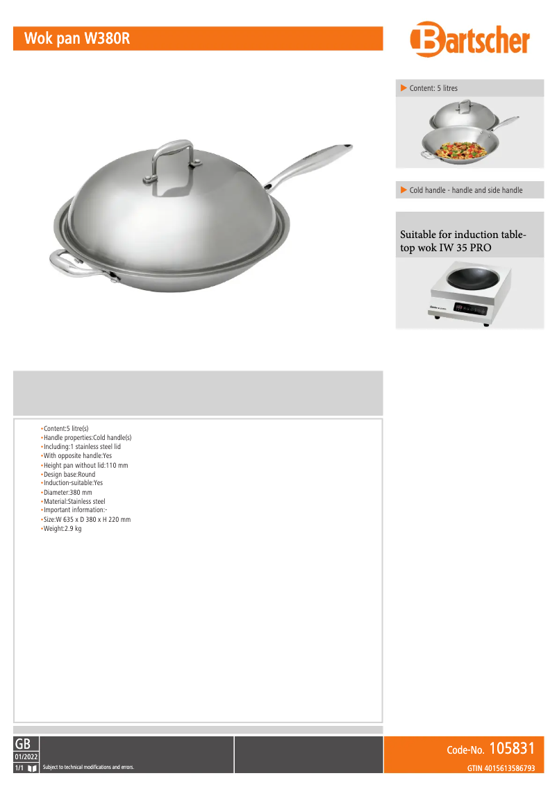 Page 1 de la notice Fiche technique Bartscher W380R