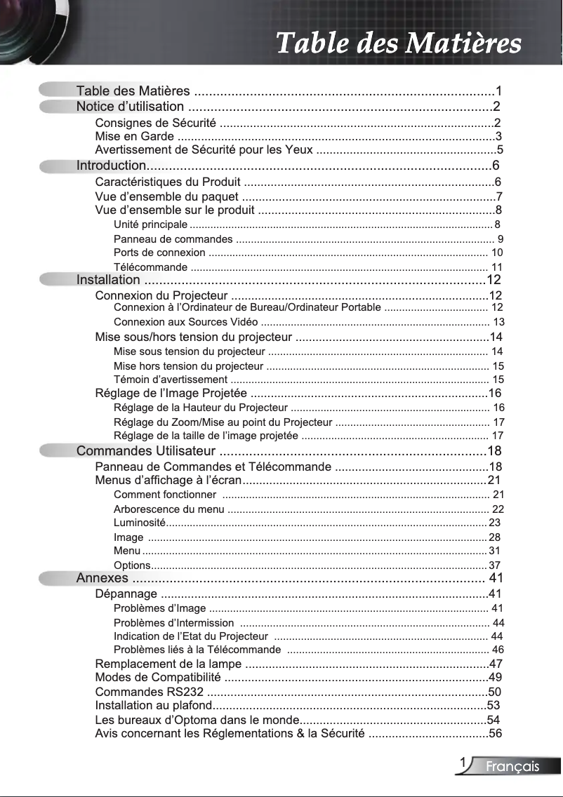 Page 1 de la notice Manuel utilisateur Optoma EP727I