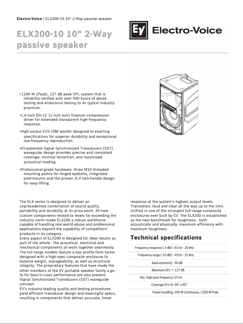 Page 1 de la notice Fiche technique Electro-Voice ELX200-18S