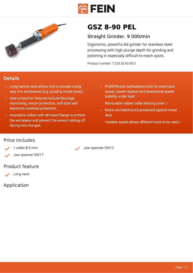 Page 1 de la notice Fiche technique Fein GSZ 8-90 PEL