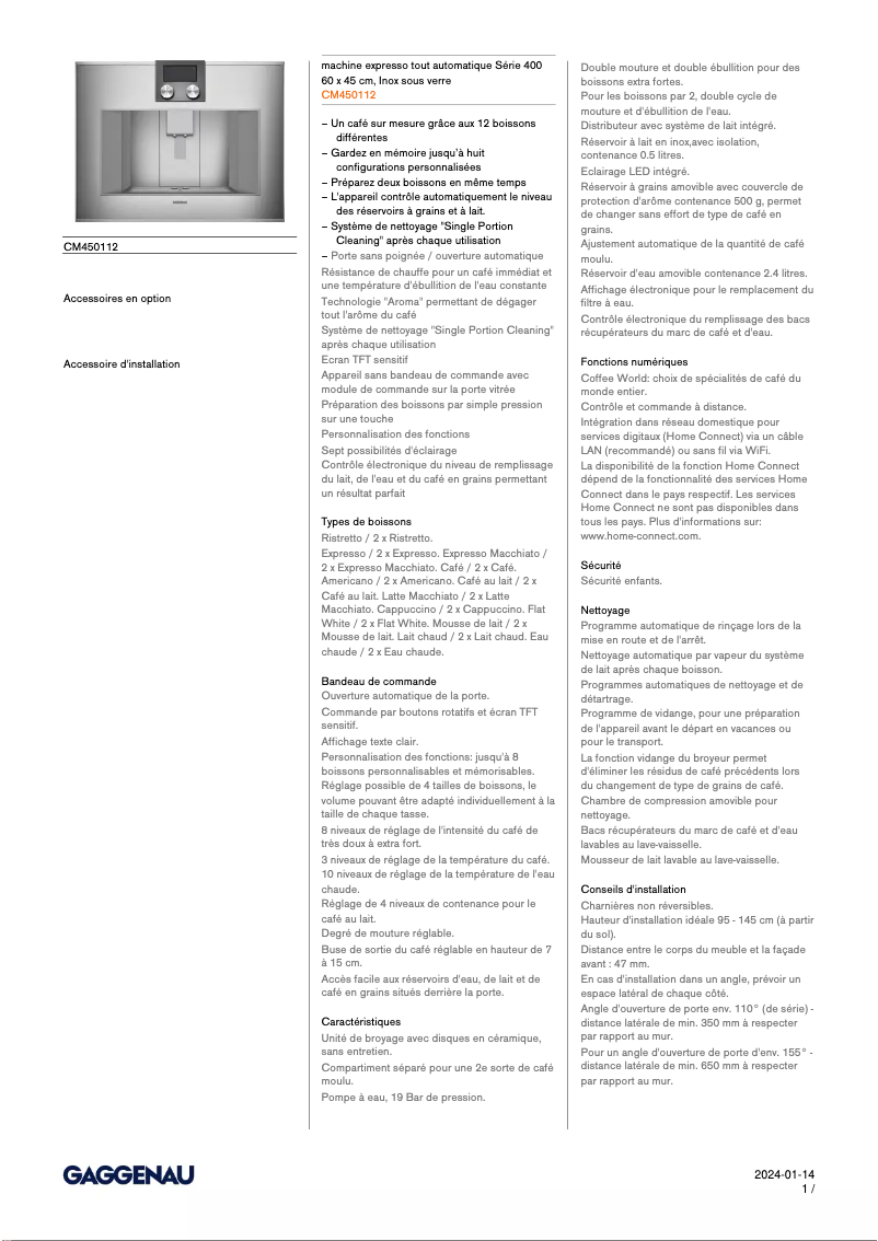 Página 1 del manual Ficha técnica Gaggenau CM450112