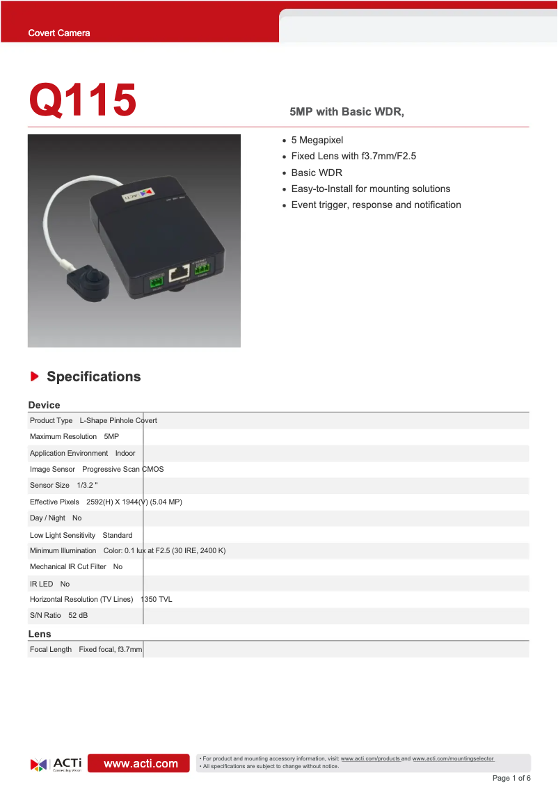 Page 1 de la notice Fiche technique ACTi Q115