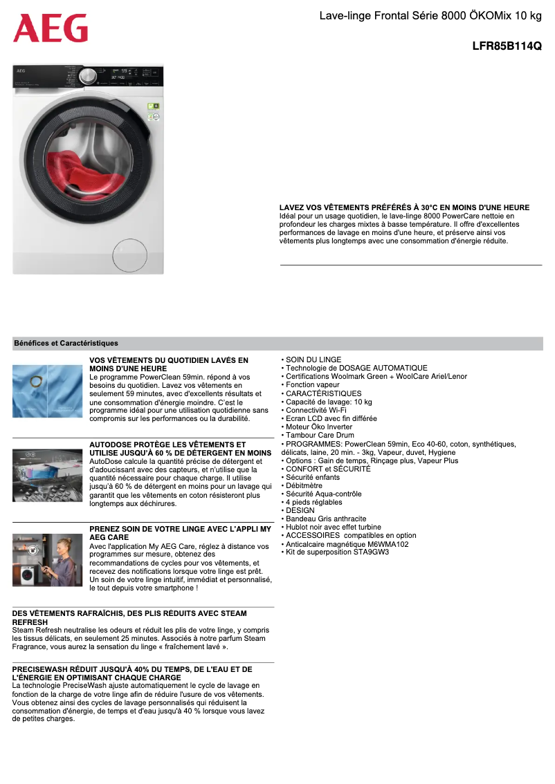 Page 1 de la notice Fiche technique AEG LFR85B114Q