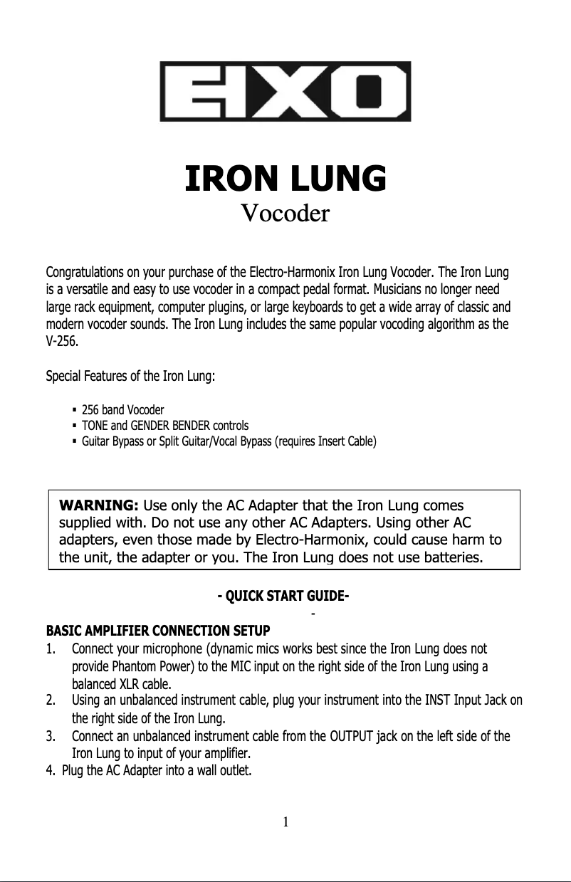 Page 1 de la notice Manuel utilisateur Electro Harmonix Iron Lung