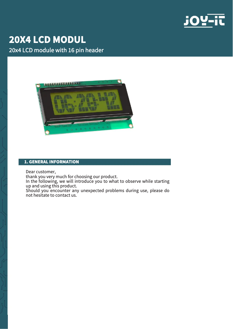 Page 1 de la notice Manuel utilisateur Joy-It COM-LCD20x4