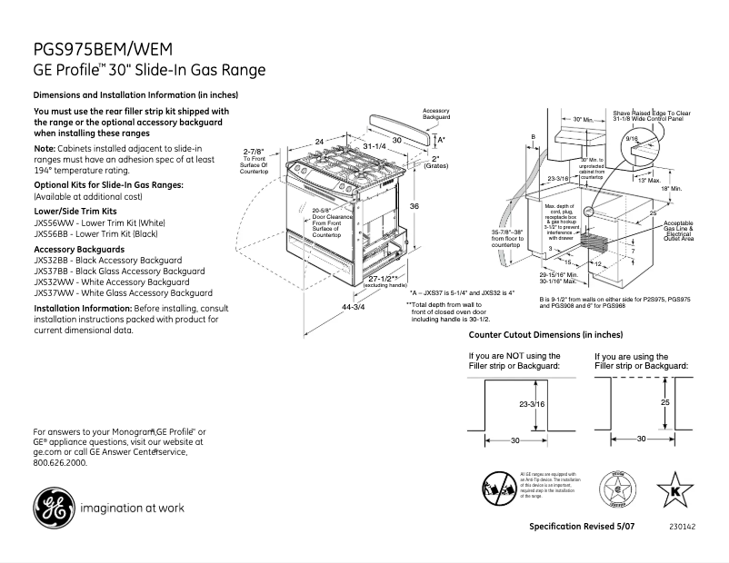 Page 1 of the manual Technical Sheet GE Profile PGS975BEMBB