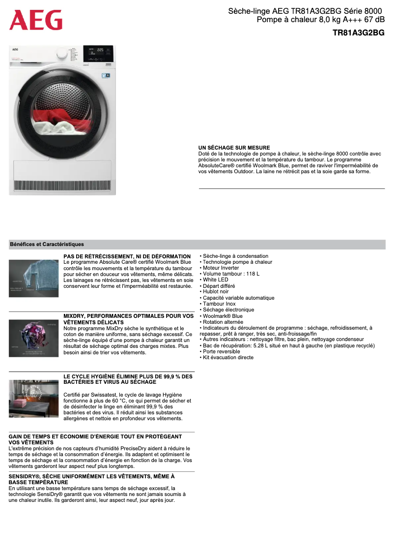 Page 1 de la notice Fiche technique AEG TR81A3G2BG