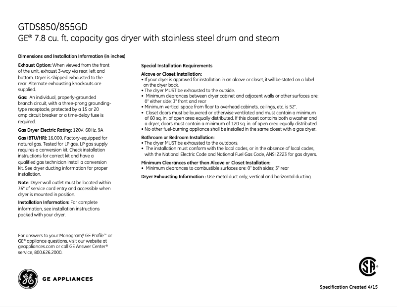 Page n°1 - Fiche technique GE GTDS850GDWS