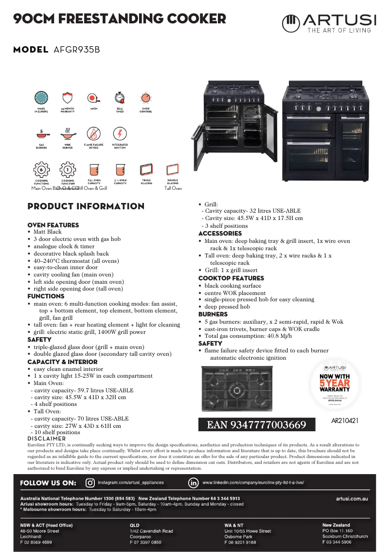 Page 1 de la notice Fiche technique Artusi AFGR935B