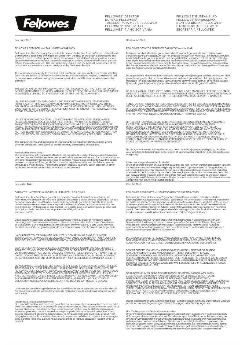 Page 1 de la notice Informations de garantie Fellowes Desktop