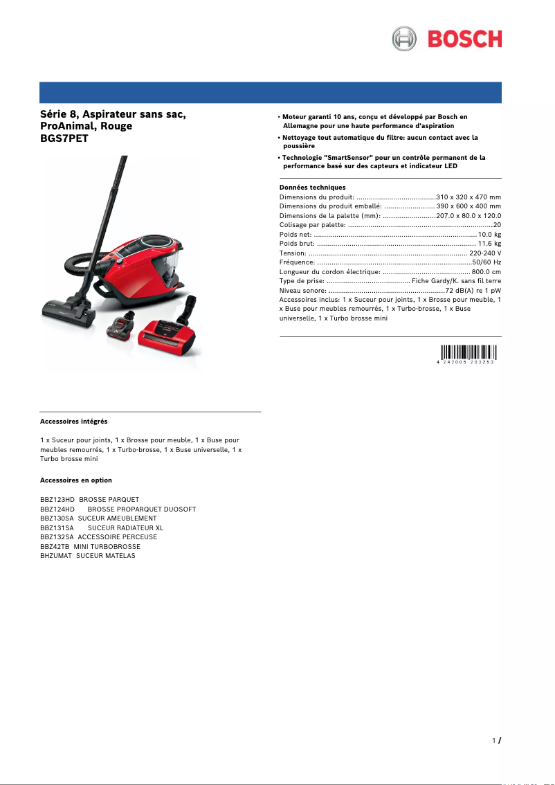 Página 1 del manual Ficha técnica Bosch Serie 8 Relaxx'x Ultimate BGS7PET