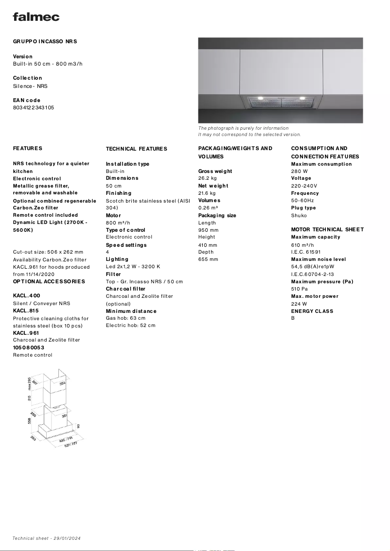 Page 1 de la notice Fiche technique Falmec Gruppo Incasso NRS