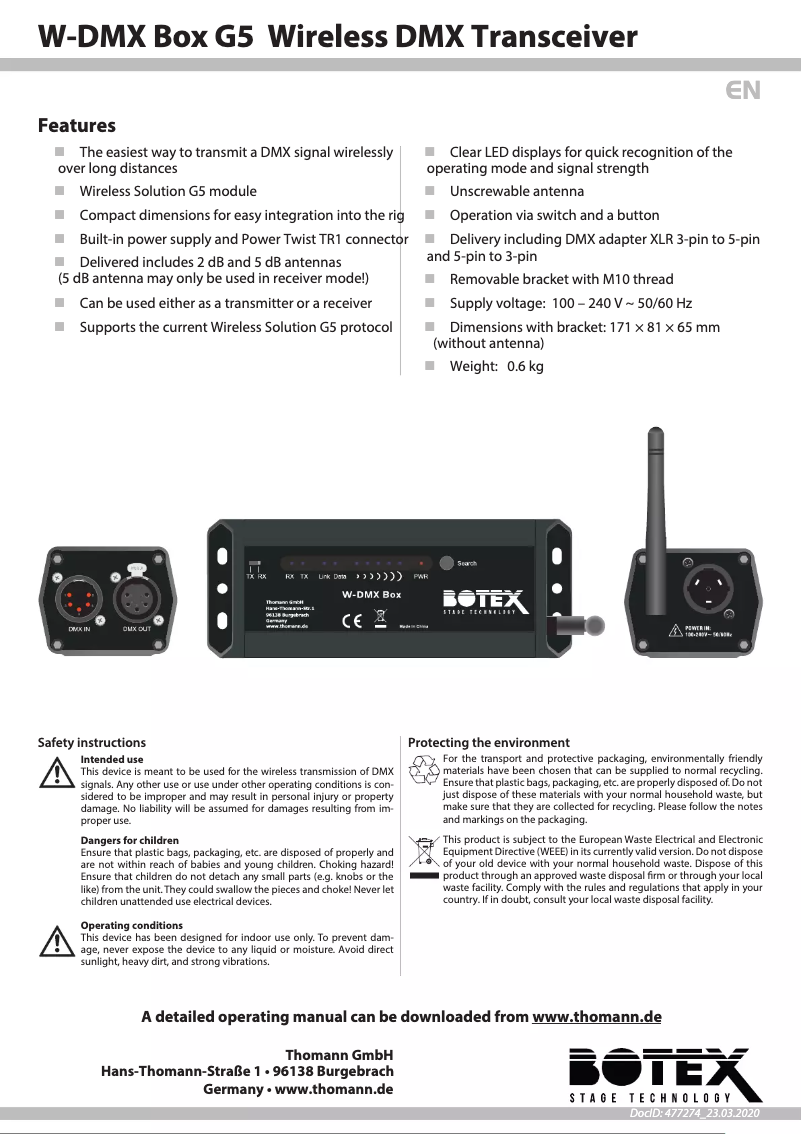 Page 1 de la notice Fiche technique Botex W-DMX Box G5