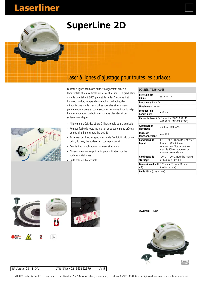 Page 1 de la notice Fiche technique Laserliner SuperLine 2D