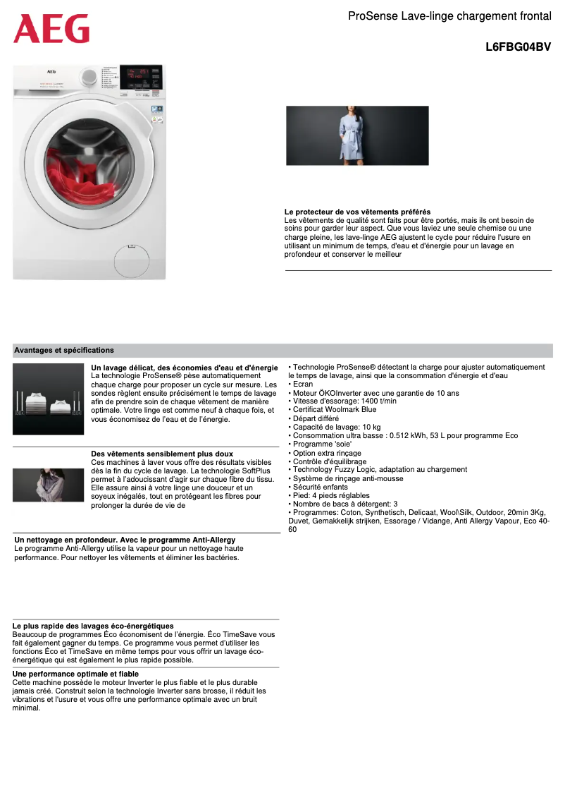 Page 1 de la notice Fiche technique AEG L6FBG04BV