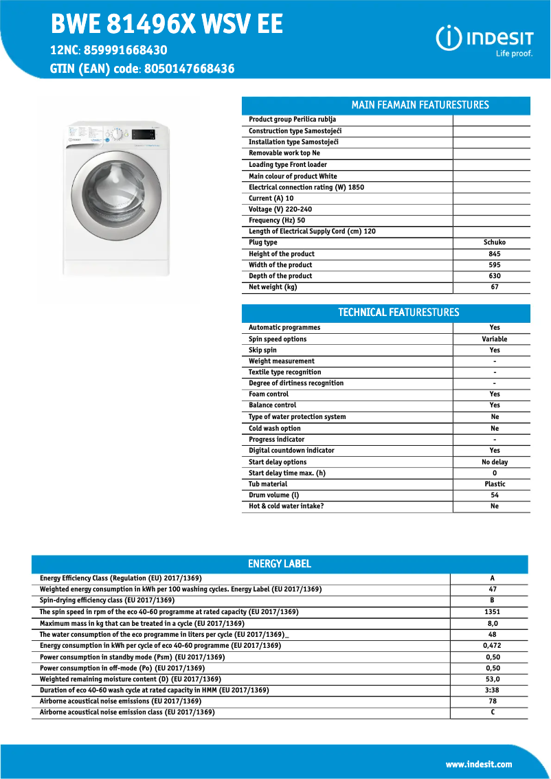 Page n°1 - Fiche technique Indesit BWE 81496X WSV EE
