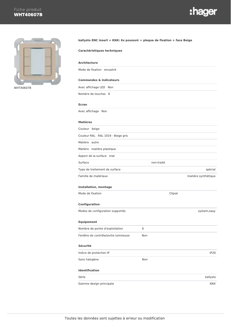 Page 1 de la notice Fiche technique Hager WHT40607B
