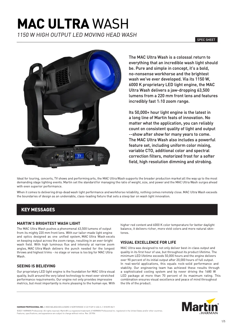 Page 1 de la notice Fiche technique Martin MAC Ultra Wash