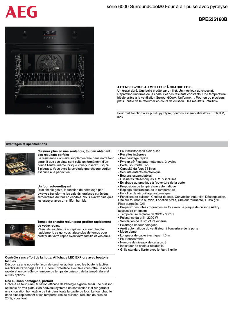 Page 1 de la notice Fiche technique AEG Forno Preto BPE535160B