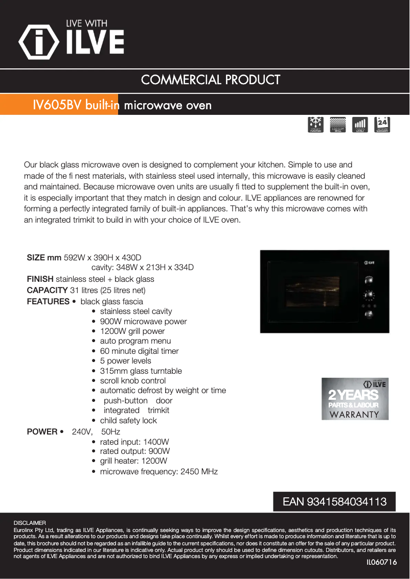 Page 1 de la notice Fiche technique Ilve IV605BV