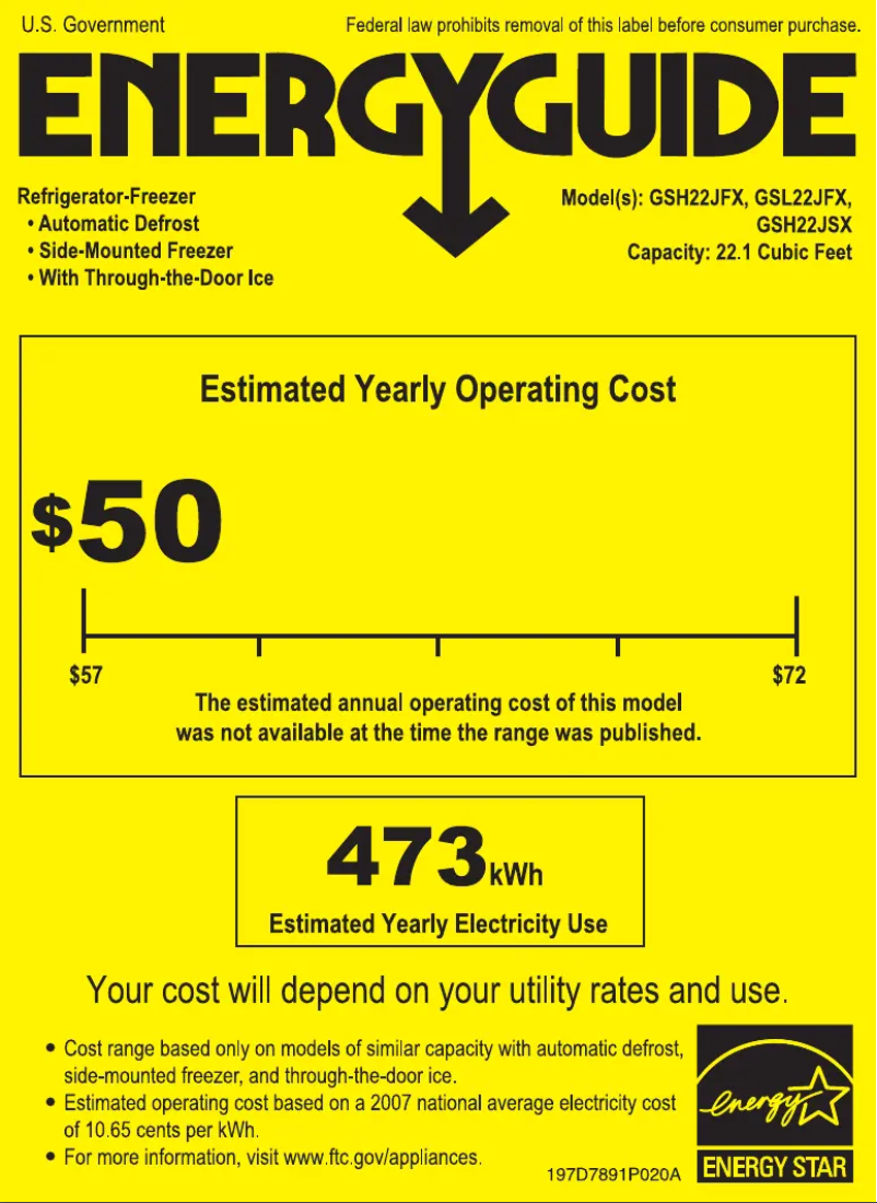 Page 1 of the manual Energy Label GE GSL22JFXLB