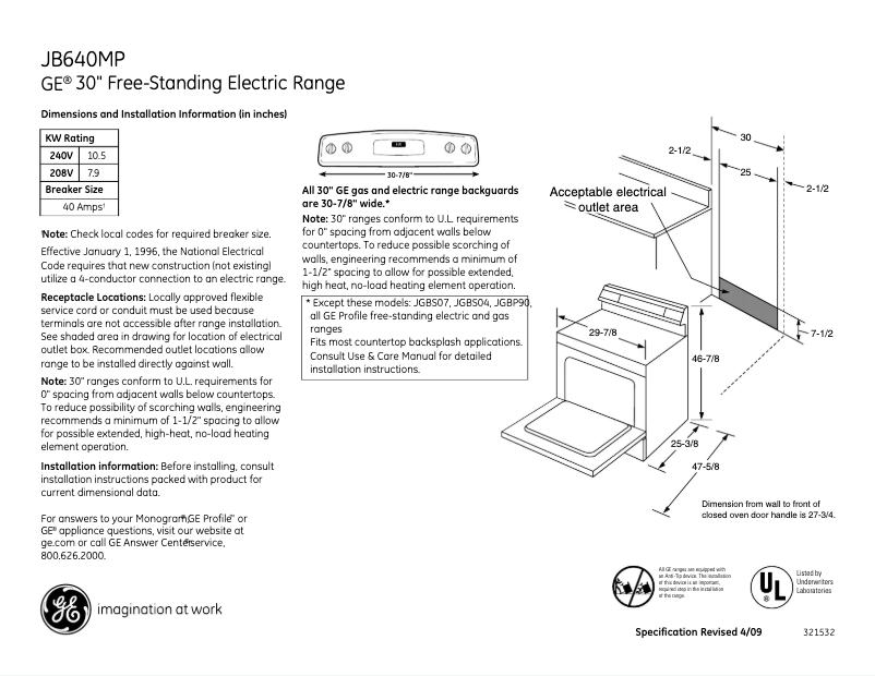 Página 1 del manual Ficha técnica GE JB640MPBS