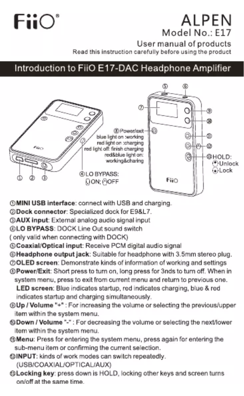 Page 1 de la notice Manuel utilisateur FiiO E17