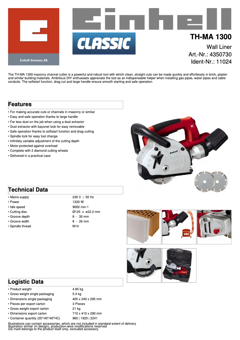 Page 1 of the manual Technical Sheet Einhell TH-MA 1300
